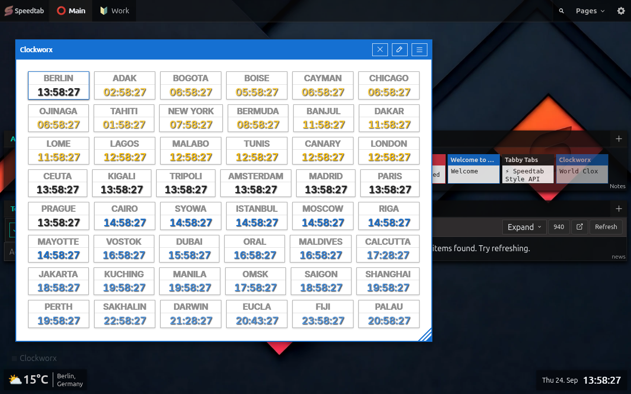 Speedtab Clockworx note showing synchronized world clocks across many timezones