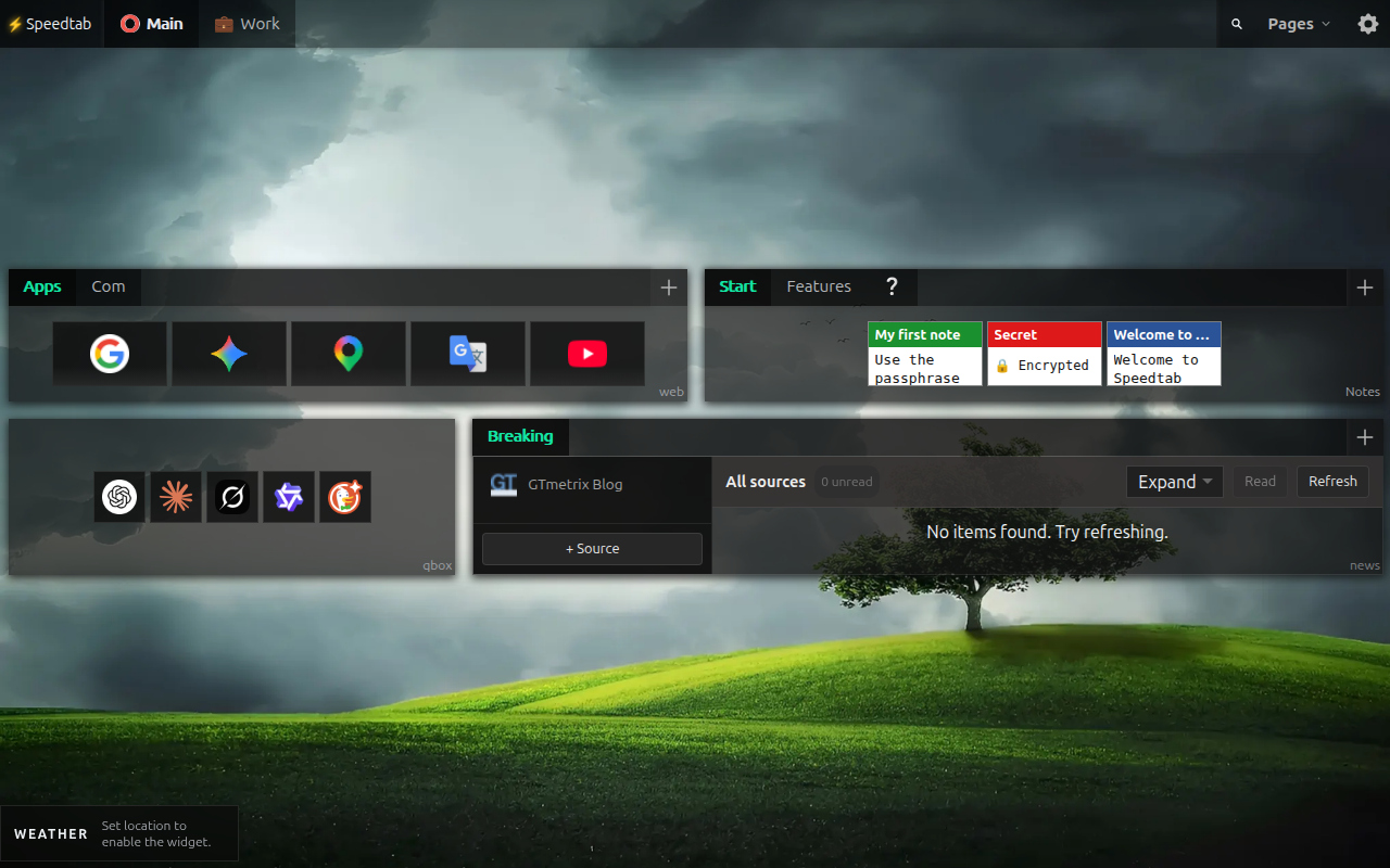 Speedtab New Tab dashboard with bookmarks, notes and RSS feed modules